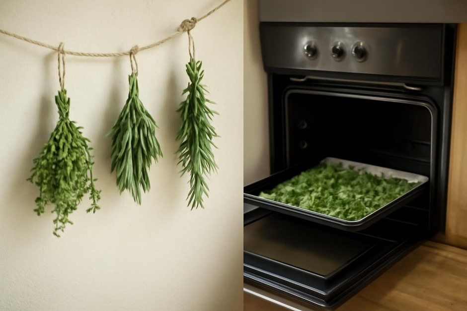 Bundles of fresh herbs drying on string, a tray in an oven, and herbs on a mesh rack